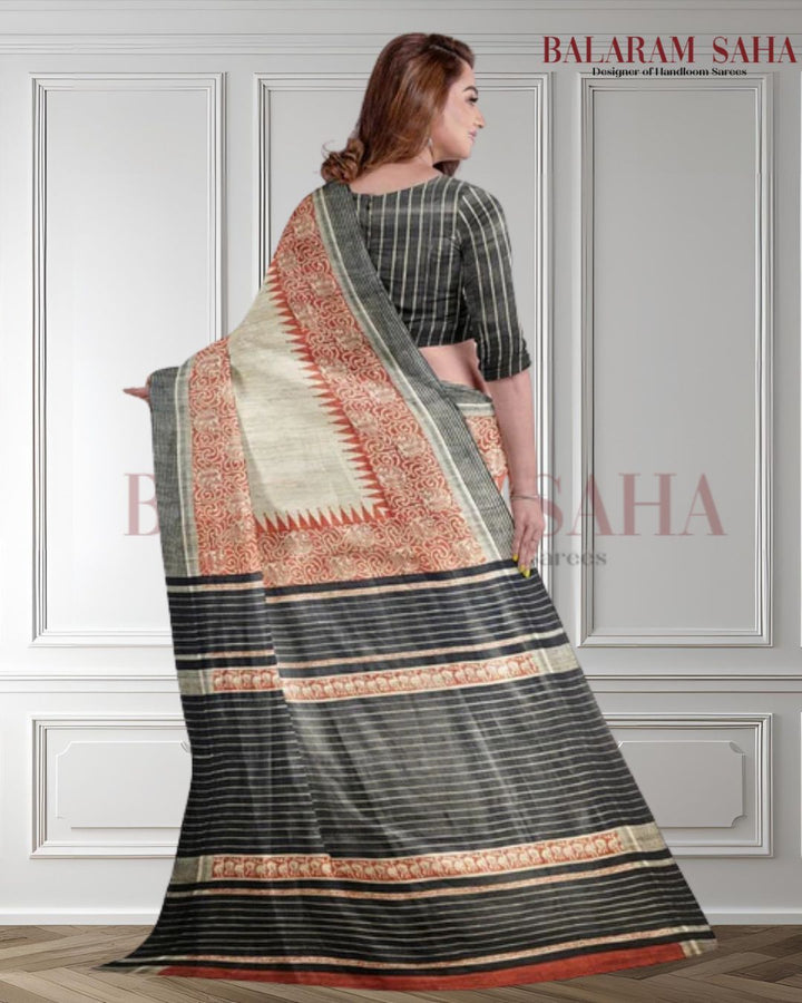 Balaram Saha: A Masterpiece in Beige & Black Handloom Ghich Tussar Printed Silk Saree Balaram Saha