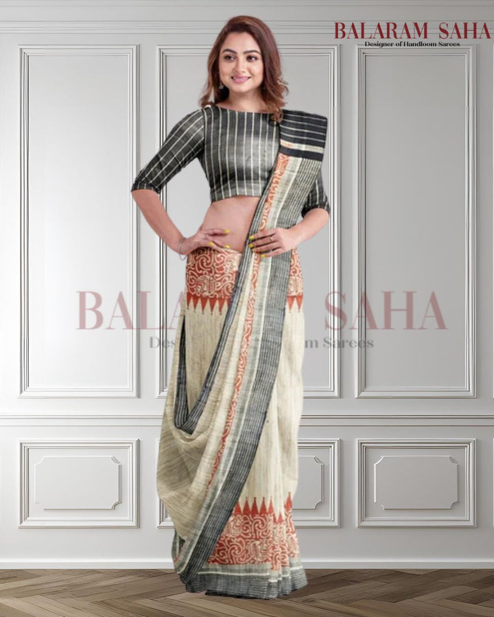 Beige & Black Handloom Ghich Tussar Printed Silk Saree by Balaram Saha - (handloom saree, silk saree, handloom silk saree, balaram saha online, silk sarees, silk handloom saree, bengal handloom sarees, pure silk, silk saree online, tussar silk saree, tussar silk, bengali silk saree) https://photobucket.com/
