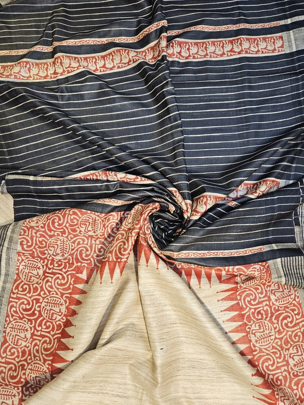 Beige & Black Handloom Ghich Tussar Printed Silk Saree by Balaram Saha - (handloom saree, silk saree, handloom silk saree, balaram saha online, silk sarees, silk handloom saree, bengal handloom sarees, pure silk, silk saree online, tussar silk saree, tussar silk, bengali silk saree)
