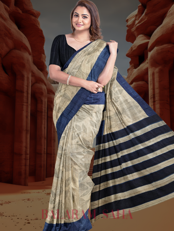 Beige & Blue Handloom Tussar Silk Saree by Balaram Saha - (handloom saree, silk saree, handloom silk saree, balaram saha online, silk sarees, silk handloom saree, bengal handloom sarees, pure silk, silk saree online, tussar silk saree, tussar silk)   https://www.wix.com/