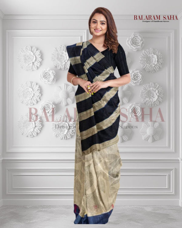 Beige & Blue Handloom Tussar Silk Saree by Balaram Saha - (handloom saree, silk saree, handloom silk saree, balaram saha online, silk sarees, silk handloom saree, bengal handloom sarees, pure silk, silk saree online, tussar silk saree, tussar silk)    https://www.mediafire.com/