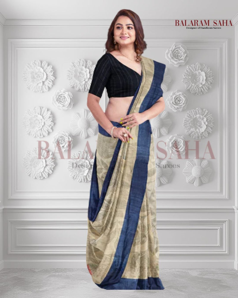 Beige & Blue Handloom Tussar Silk Saree by Balaram Saha - (handloom saree, silk saree, handloom silk saree, balaram saha online, silk sarees, silk handloom saree, bengal handloom sarees, pure silk, silk saree online, tussar silk saree, tussar silk)   https://in.pinterest.com/