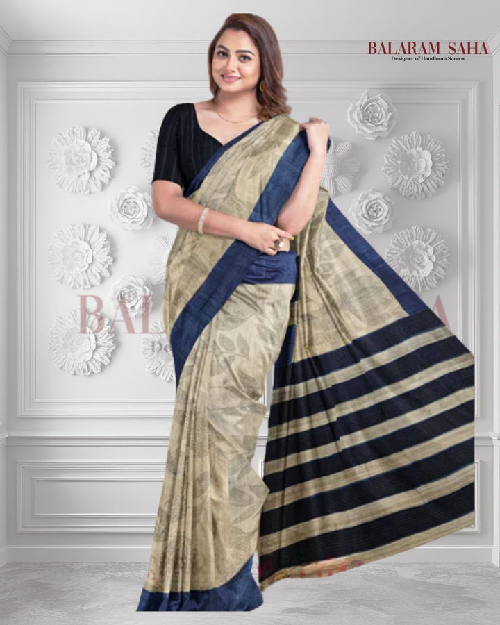 Beige & Blue Handloom Tussar Silk Saree by Balaram Saha - (handloom saree, silk saree, handloom silk saree, balaram saha online, silk sarees, silk handloom saree, bengal handloom sarees, pure silk, silk saree online, tussar silk saree, tussar silk)   https://www.wix.com/