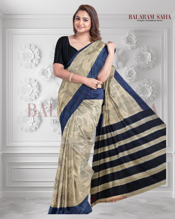 Beige & Blue Handloom Tussar Silk Saree by Balaram Saha - (handloom saree, silk saree, handloom silk saree, balaram saha online, silk sarees, silk handloom saree, bengal handloom sarees, pure silk, silk saree online, tussar silk saree, tussar silk)   https://www.wix.com/