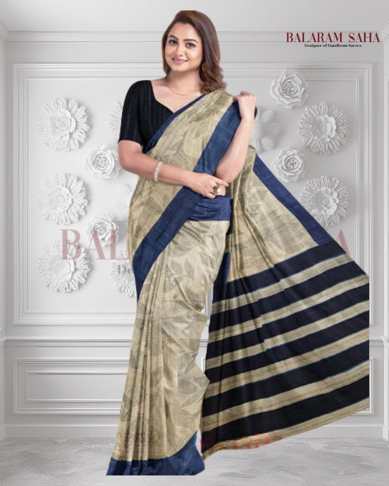 Beige & Blue Handloom Tussar Silk Saree by Balaram Saha - (handloom saree, silk saree, handloom silk saree, balaram saha online, silk sarees, silk handloom saree, bengal handloom sarees, pure silk, silk saree online, tussar silk saree, tussar silk)   https://www.wix.com/