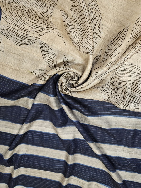 Beige & Blue Handloom Tussar Silk Saree by Balaram Saha - (handloom saree, silk saree, handloom silk saree, balaram saha online, silk sarees, silk handloom saree, bengal handloom sarees, pure silk, silk saree online, tussar silk saree, tussar silk)