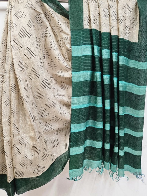 Beige & Green Handloom Tussar Silk Hand-Block Saree: Balaram Saha - (handloom saree, silk saree, handloom silk saree, balaram saha online, silk sarees, silk handloom saree, bengal handloom sarees, pure silk, silk saree online, tussar silk saree, tussar silk)    https://elpais.com/
