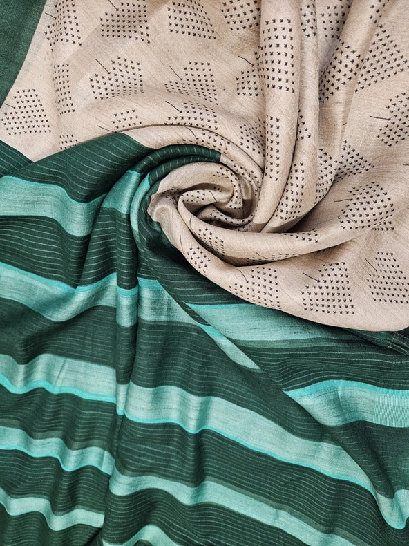Beige & Green Handloom Tussar Silk Hand-Block Saree: Balaram Saha - (handloom saree, silk saree, handloom silk saree, balaram saha online, silk sarees, silk handloom saree, bengal handloom sarees, pure silk, silk saree online, tussar silk saree, tussar silk)
