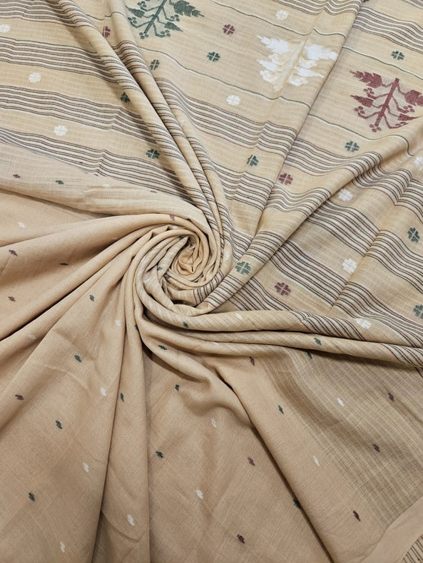 Beige Handspun Handwoven Cotton Jamdani Saree Balaram Saha - (handloom saree, jamdani saree, jamdani sarees, cotton jamdani saree, jamdani cotton saree, handloom cotton saree, balaram saha online, jamdani saree online, soft jamdani saree)
