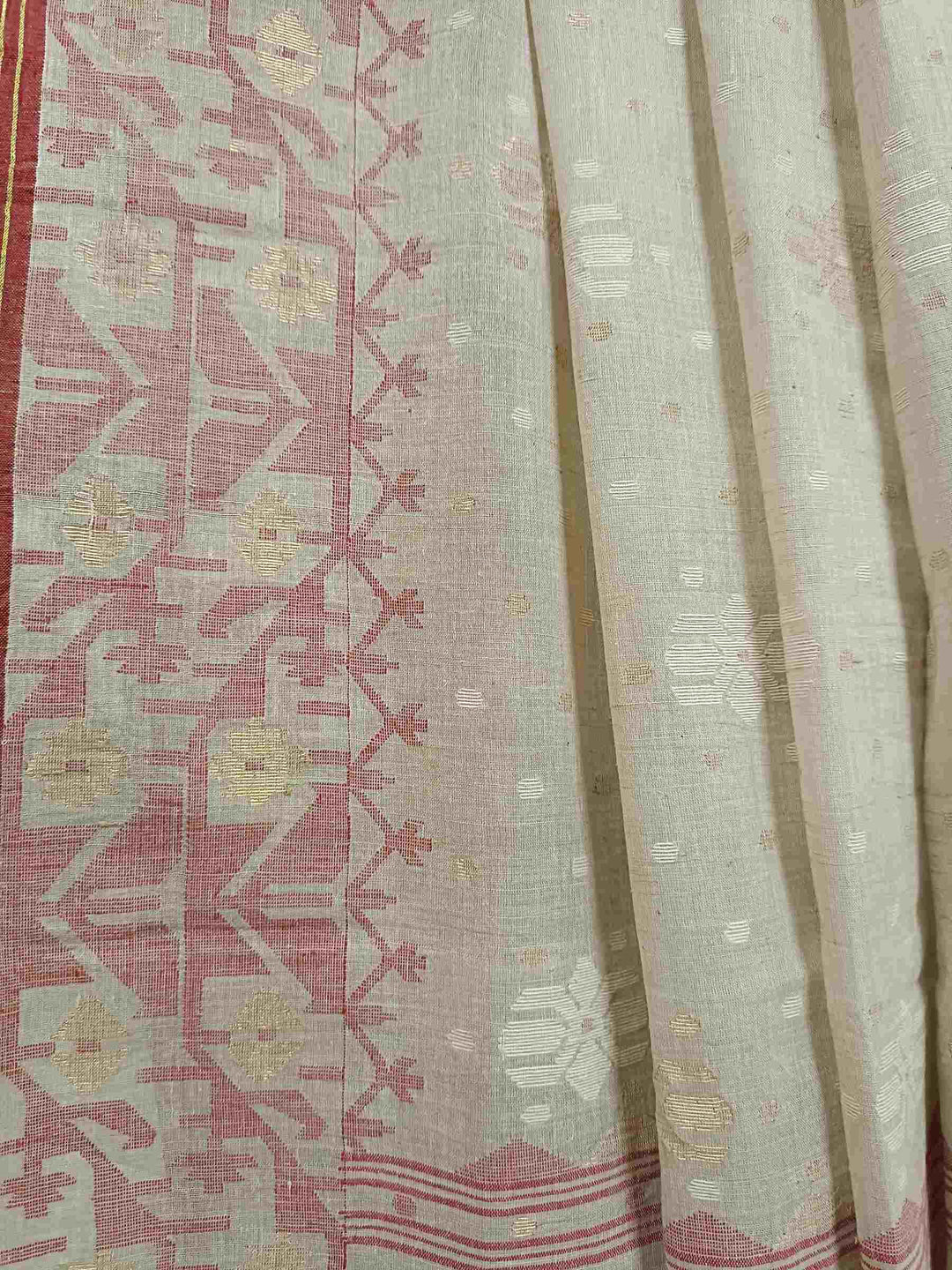 Beige & Maroon Soft Handspun handwoven Cotton jamdani Saree Balaram Saha