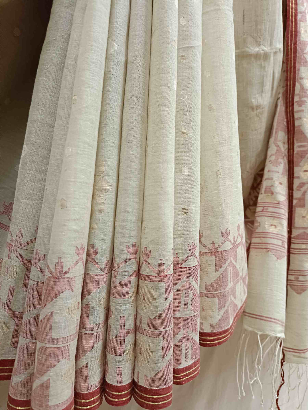 Beige & Maroon Soft Handspun handwoven Cotton jamdani Saree Balaram Saha