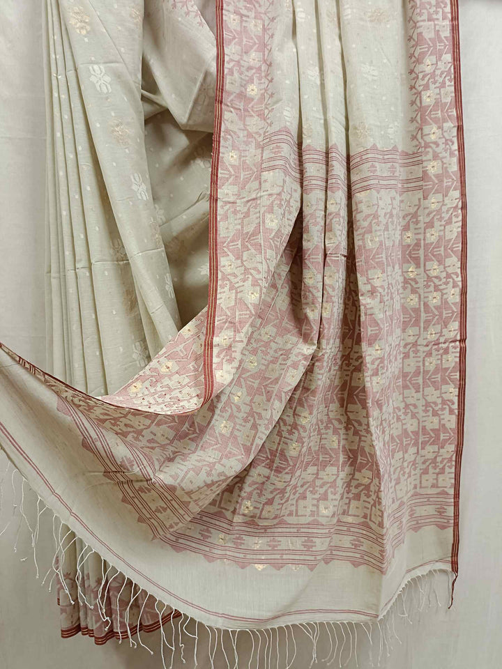 Beige & Maroon Soft Handspun handwoven Cotton jamdani Saree Balaram Saha