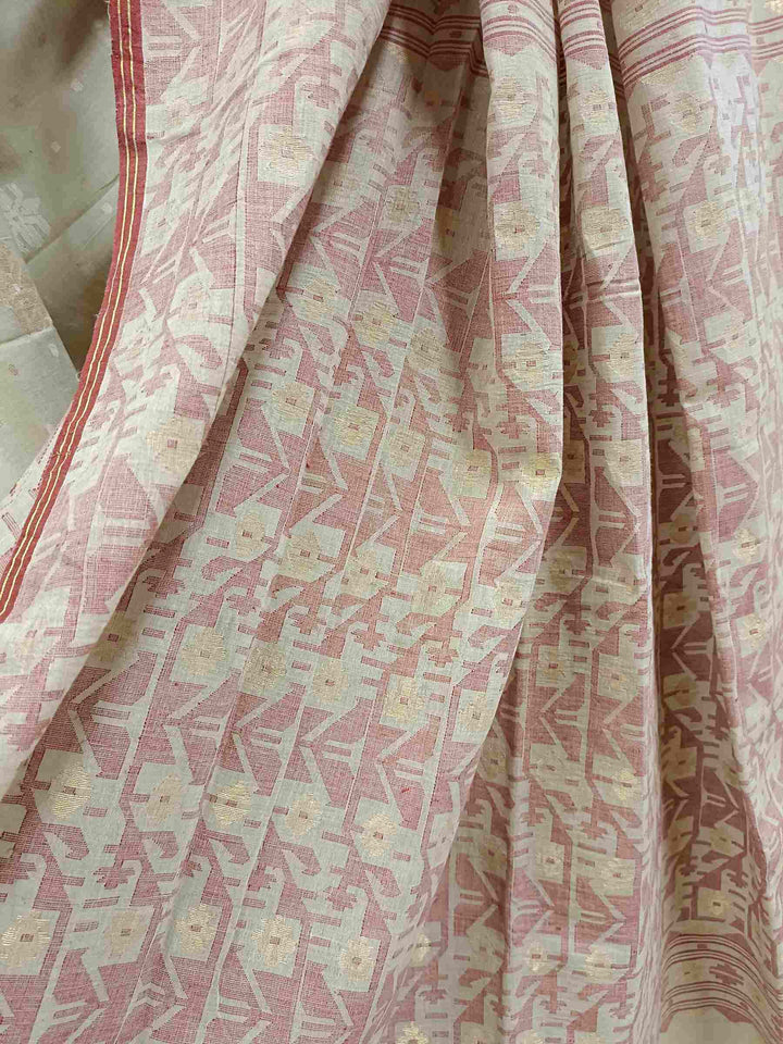 Beige & Maroon Soft Handspun handwoven Cotton jamdani Saree Balaram Saha