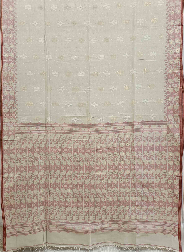 Beige & Maroon Soft Handspun handwoven Cotton jamdani Saree Balaram Saha