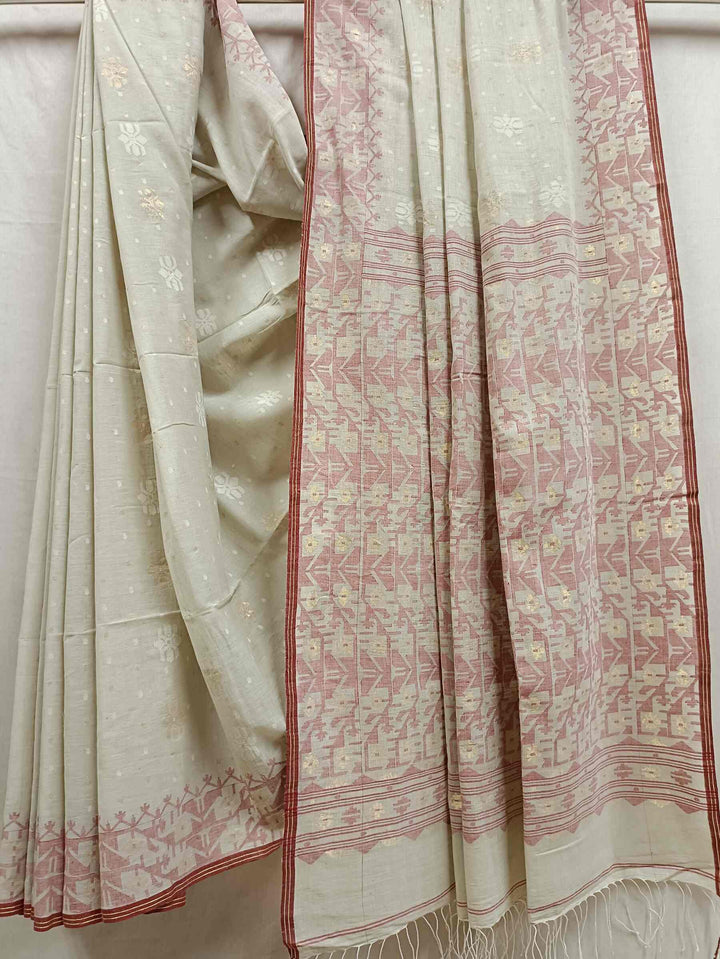 Beige & Maroon Soft Handspun handwoven Cotton jamdani Saree Balaram Saha
