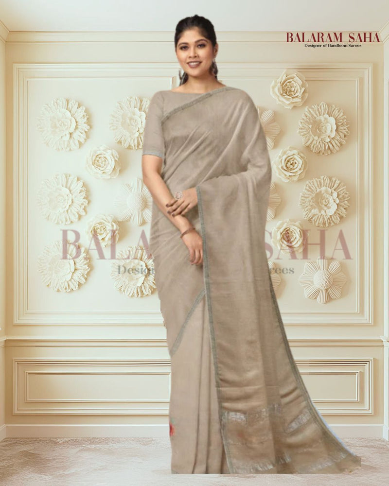 Beige Quality Soft Handloom Mul Cotton Saree With Silver Border Balaram Saha  https://in.pinterest.com/