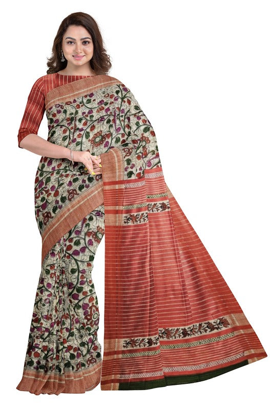 Beige & Red Handloom Ghichha Tussar Silk With Multi Print by Balaram Saha - (handloom saree, silk saree, handloom silk saree, balaram saha online, silk sarees, silk handloom saree, bengal handloom sarees, pure silk, silk saree online, tussar silk saree, tussar silk, bengali silk saree)  https://store.steampowered.com/
