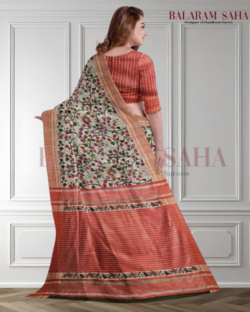 Beige & Red Handloom Ghichha Tussar Silk With Multi Print by Balaram Saha - (handloom saree, silk saree, handloom silk saree, balaram saha online, silk sarees, silk handloom saree, bengal handloom sarees, pure silk, silk saree online, tussar silk saree, tussar silk, bengali silk saree)
