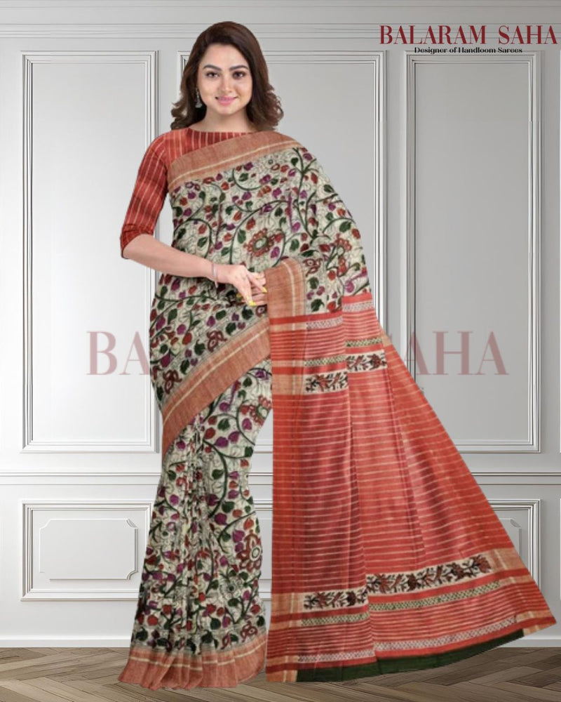Beige & Red Handloom Ghichha Tussar Silk With Multi Print by Balaram Saha - (handloom saree, silk saree, handloom silk saree, balaram saha online, silk sarees, silk handloom saree, bengal handloom sarees, pure silk, silk saree online, tussar silk saree, tussar silk, bengali silk saree)  https://store.steampowered.com/

