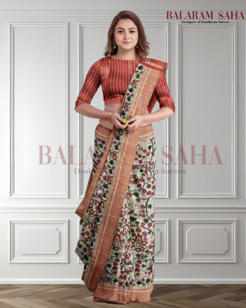 Beige & Red Handloom Ghichha Tussar Silk With Multi Print by Balaram Saha - (handloom saree, silk saree, handloom silk saree, balaram saha online, silk sarees, silk handloom saree, bengal handloom sarees, pure silk, silk saree online, tussar silk saree, tussar silk, bengali silk saree)  https://unsplash.com/
