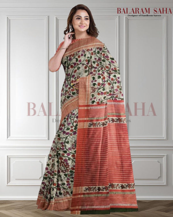 Beige & Red Handloom Ghichha Tussar Silk With Multi Print by Balaram Saha - (handloom saree, silk saree, handloom silk saree, balaram saha online, silk sarees, silk handloom saree, bengal handloom sarees, pure silk, silk saree online, tussar silk saree, tussar silk, bengali silk saree)
