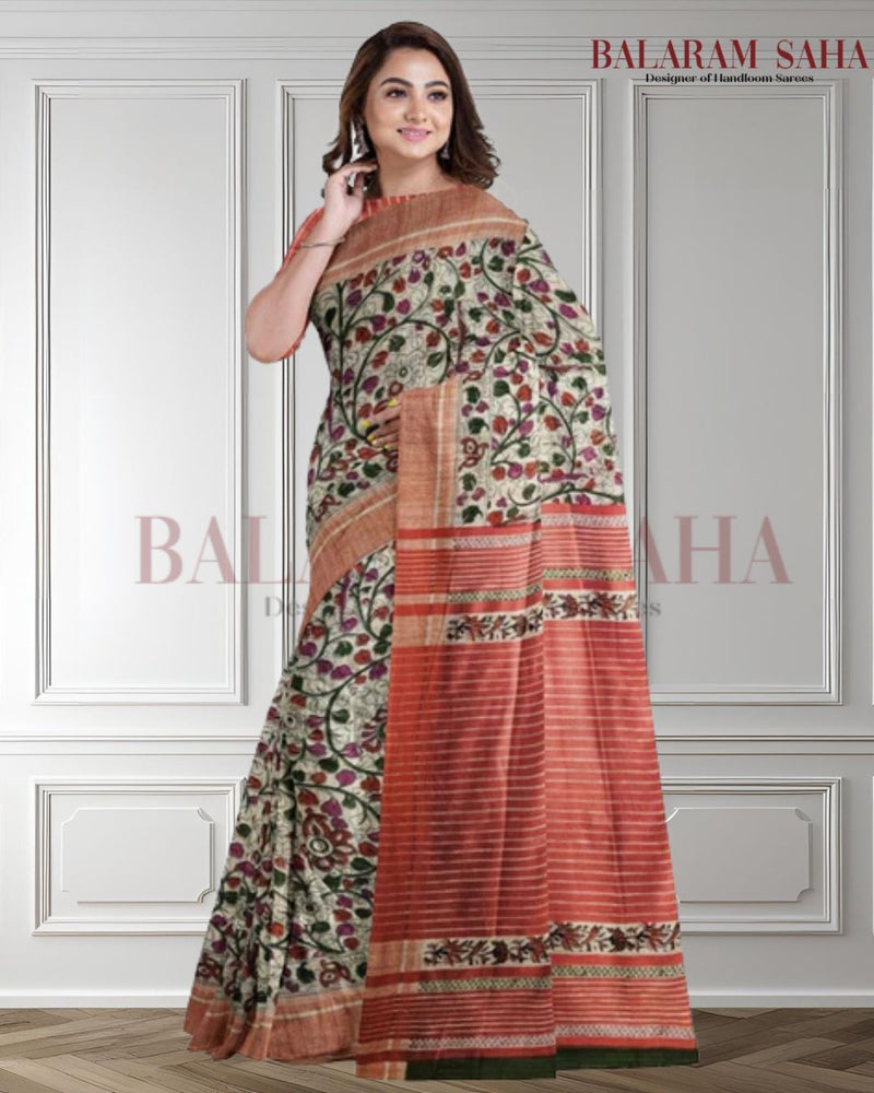 Beige & Red Handloom Ghichha Tussar Silk With Multi Print by Balaram Saha - (handloom saree, silk saree, handloom silk saree, balaram saha online, silk sarees, silk handloom saree, bengal handloom sarees, pure silk, silk saree online, tussar silk saree, tussar silk, bengali silk saree)
