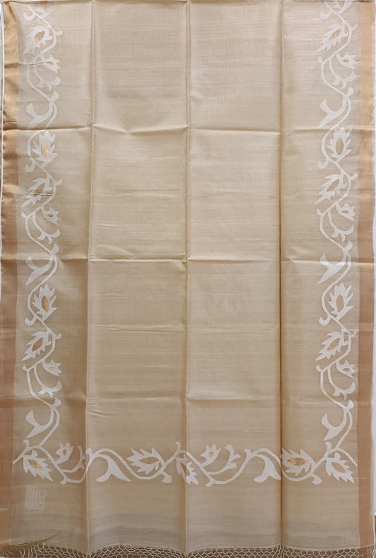 Beige White Handloom Tussar Silk Saree With Handwoven Jamdani - A Balaram Saha Creation - Balaram Saha  - (handloom saree, handloom sarees, jamdani saree, silk saree, handloom silk saree, balaram saha online, silk sarees, silk handloom saree, bengal handloom sarees, pure silk, silk saree online, bengali silk saree, tussar silk saree, tussar silk)