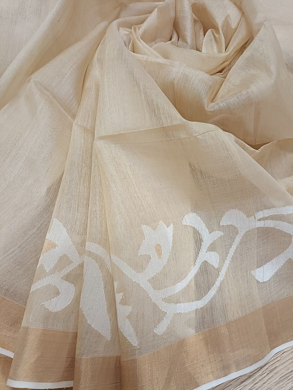 Beige White Handloom Tussar Silk Saree With Handwoven Jamdani - A Balaram Saha Creation - Balaram Saha  - (handloom saree, handloom sarees, jamdani saree, silk saree, handloom silk saree, balaram saha online, silk sarees, silk handloom saree, bengal handloom sarees, pure silk, silk saree online, bengali silk saree, tussar silk saree, tussar silk)   https://www.usatoday.com/