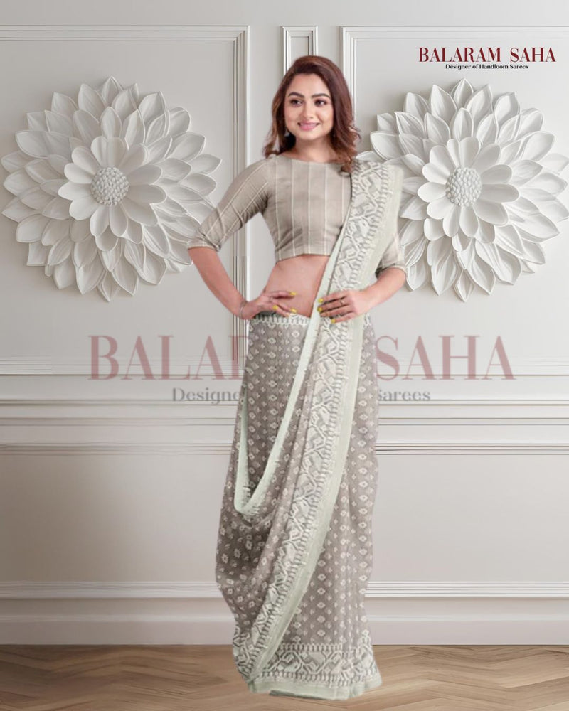 Light Rose Brown & White, soft handloom cotton/Resham dhakai saree Balaram SahaSaha