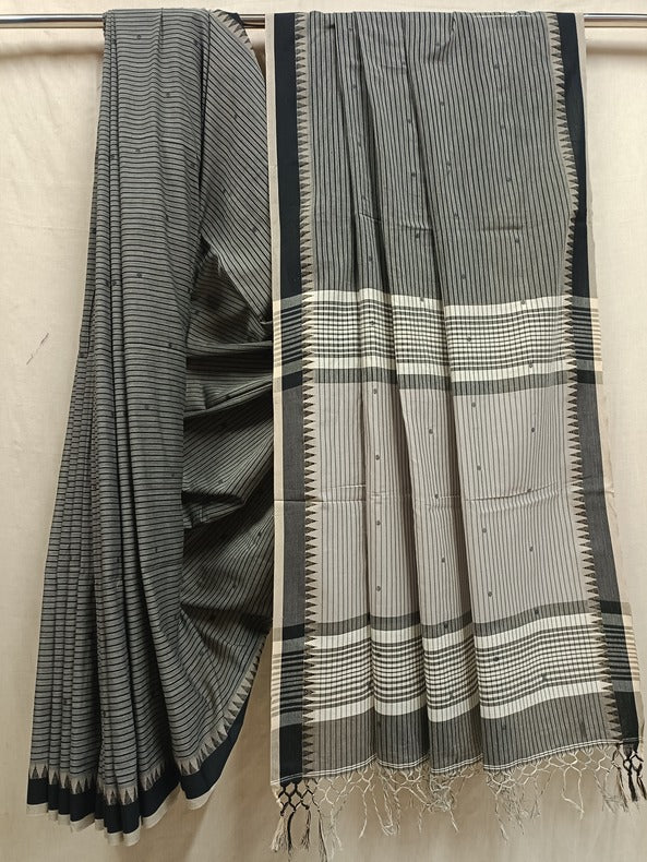 Grey & Black Soft Handloom Cotton Stripes Saree Balaram Saha