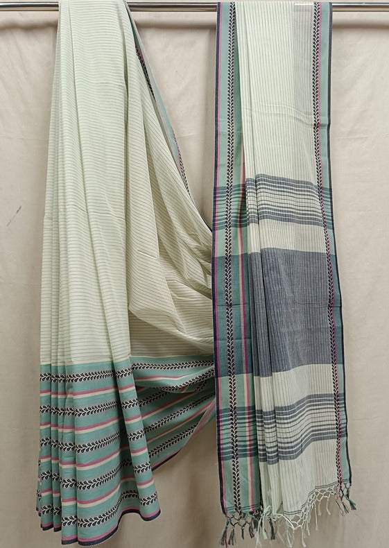 White & multicolour Soft Handloom Cotton Stripes Saree Balaram Saha