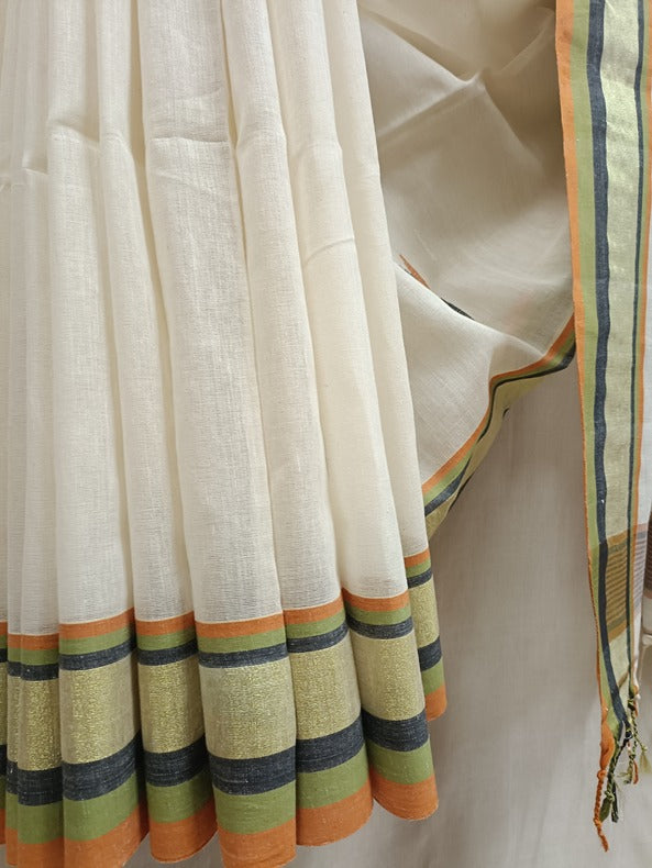 Off-White Multicolor Handloom Soft Cotton Saree Balaram Saha