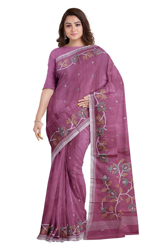 Onion-Pink Traditional Handwoven Cotton Jamdani Saree Balaram Saha