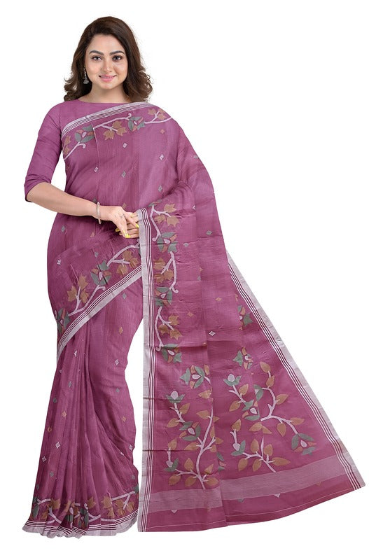 Onion-Pink Traditional Handwoven Cotton Jamdani Saree Balaram Saha