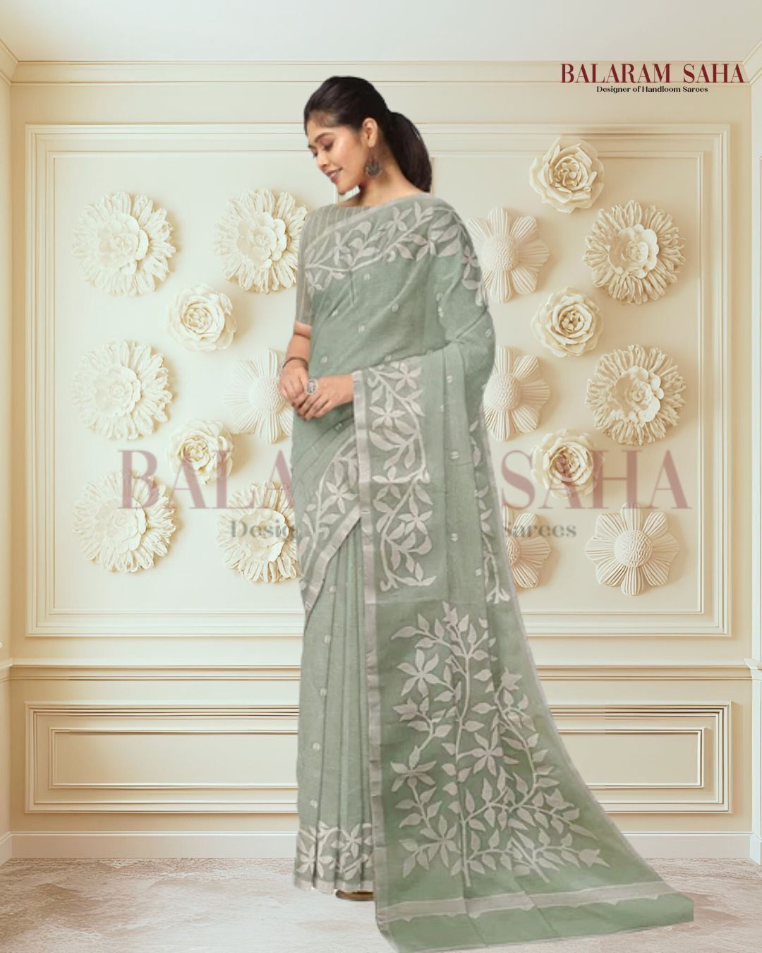 Cotton Dhakai Saree by Balaram Saha – Green &amp; White Elegance