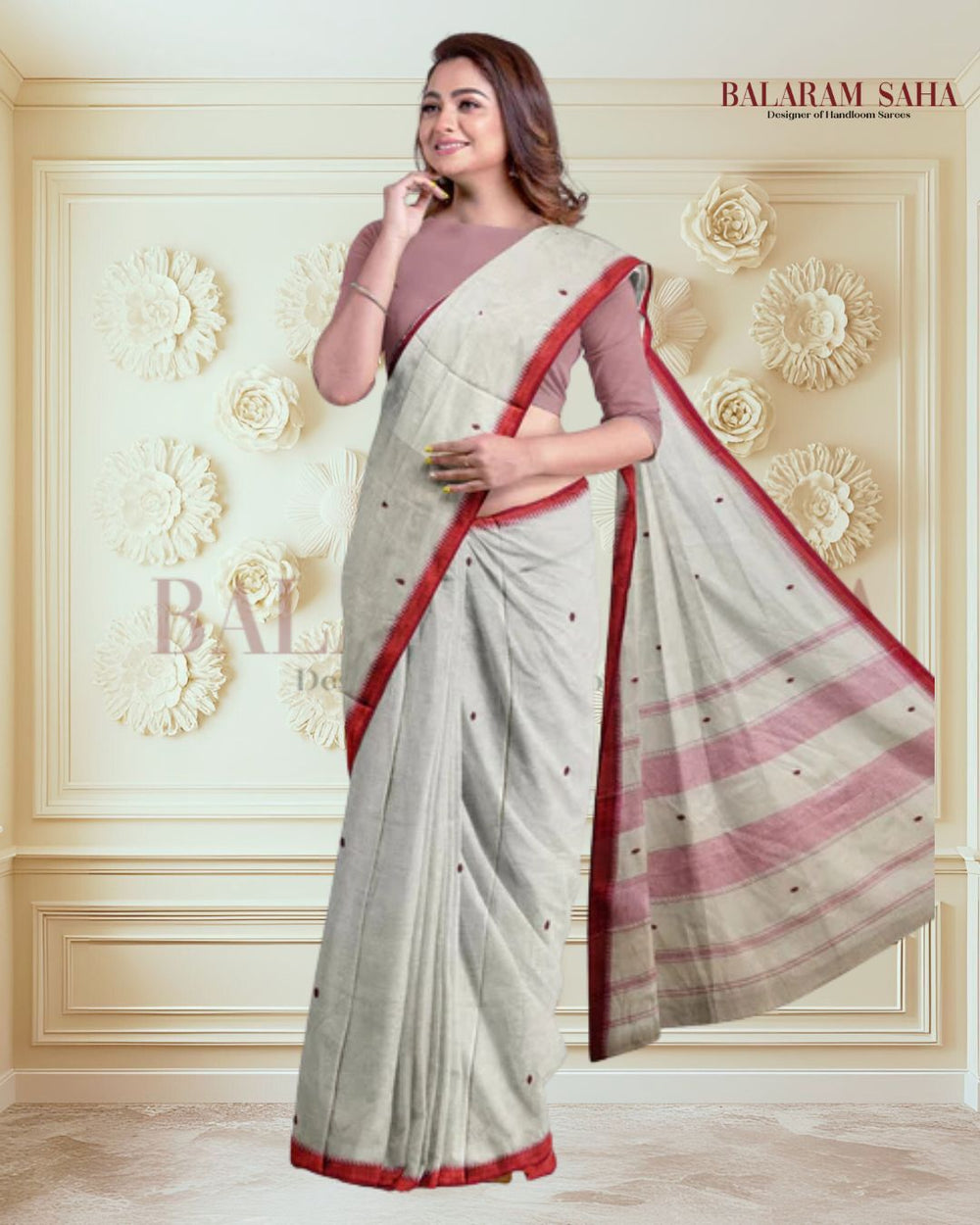 Beige & Red Handloom Traditional Dhonekali Cotton Saree From Balaram Saha (handloom saree, cotton saree, handloom cotton saree, balaram saha online, handloom sarees, balaram saha handloom saree store photos, balaram saha handloom saree store, cotton handloom saree, bengal handloom sarees, pure cotton, cotton saree for women, cotton saree online) https://creativecommons.org/