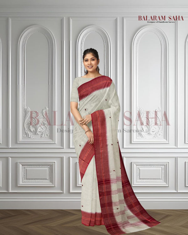 Beige & Red Soft Handloom Dhonekali Cotton Saree From Balaram Saha Balaram Saha