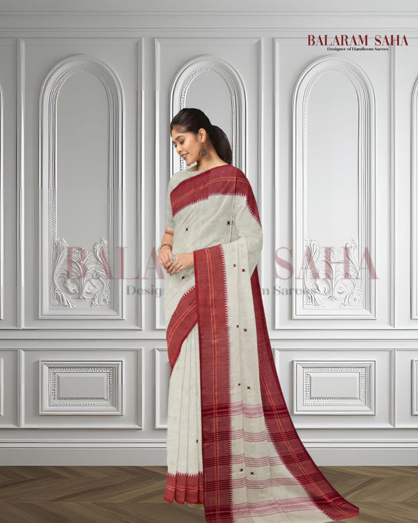 Beige & Red Soft Handloom Dhonekali Cotton Saree From Balaram Saha Balaram Saha