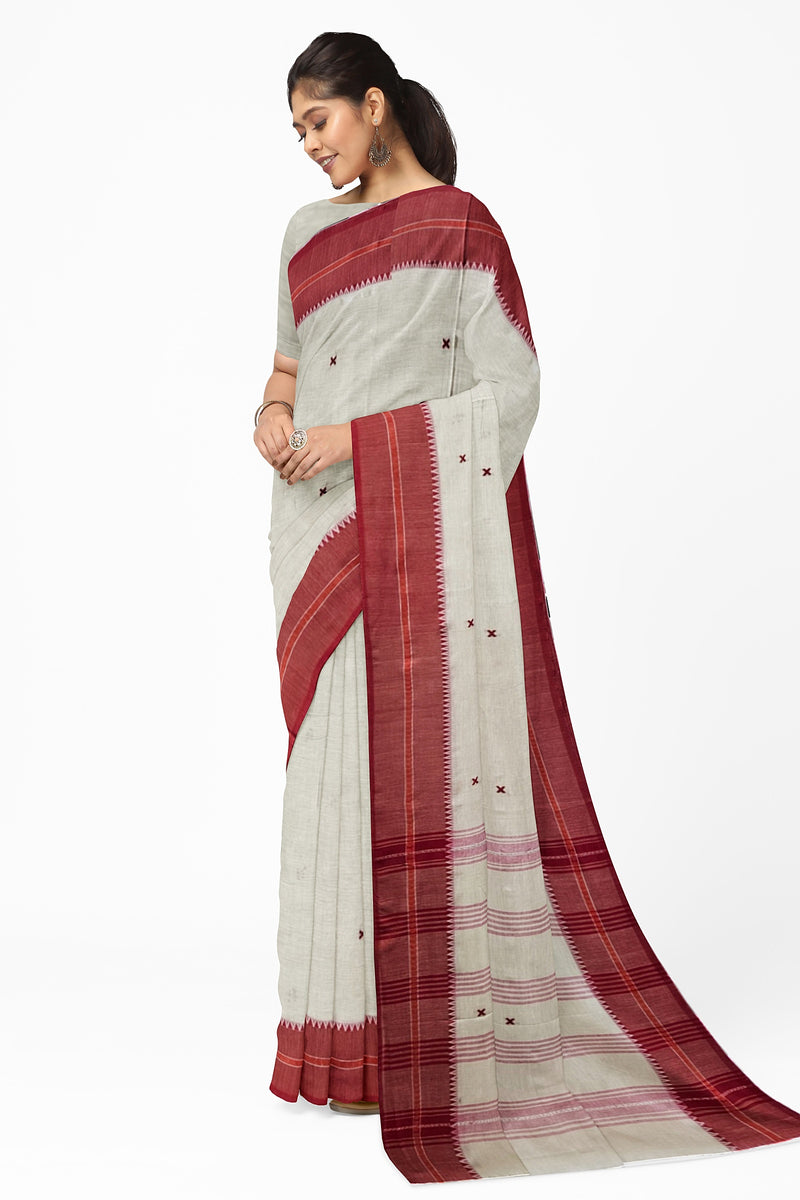 Beige & Red Soft Handloom Dhonekali Cotton Saree From Balaram Saha https://www.tumblr.com/