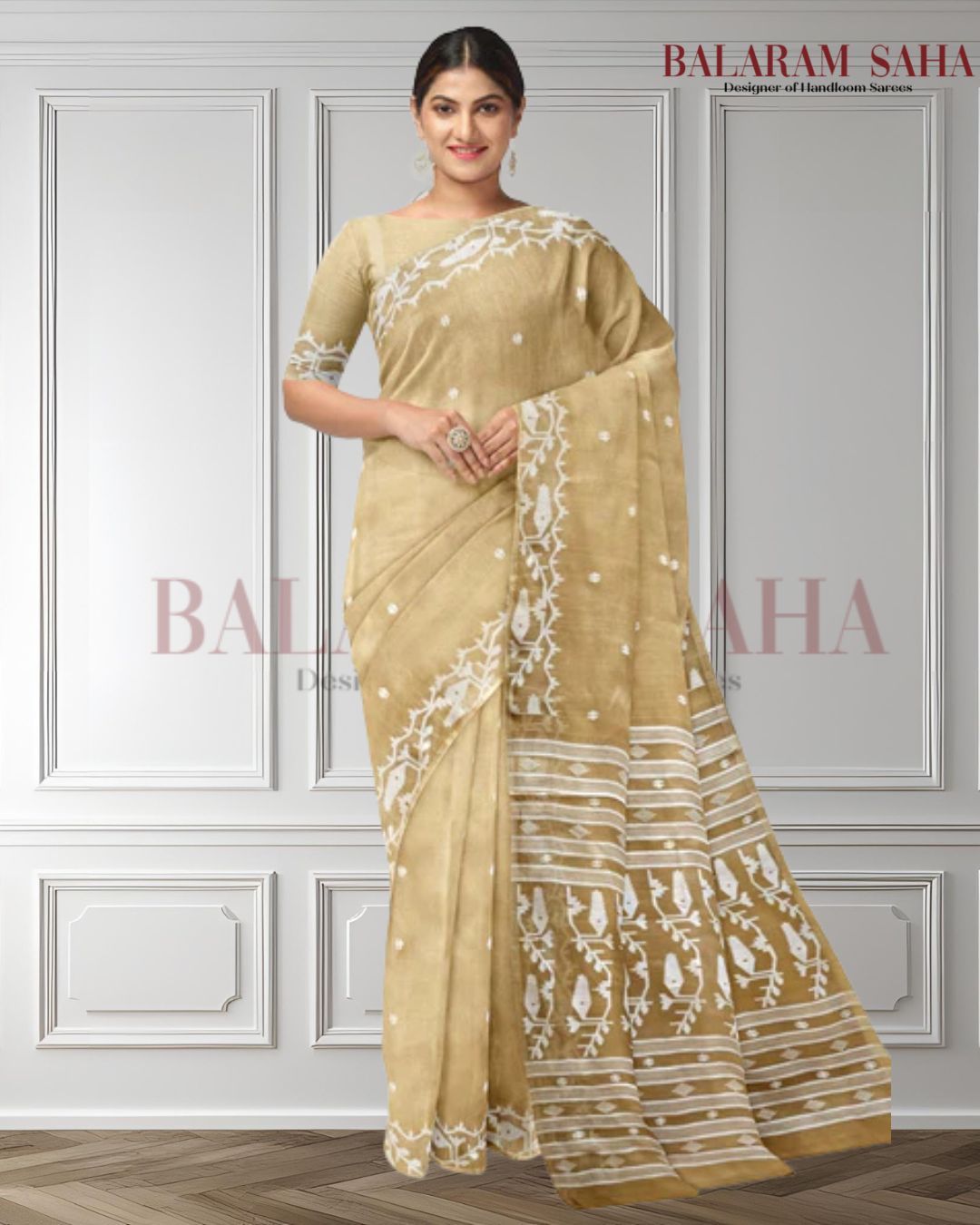 Springtime Chic: Light Biege White Muslin Silk Jamdani Saree by Balaram Saha Balaram Saha