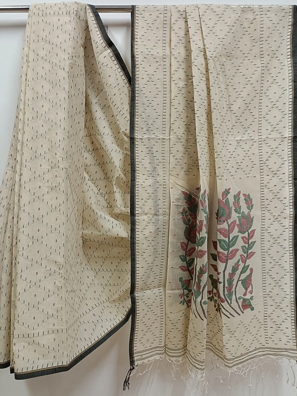 Beige and Black Handloom Handwoven Traditional Cotton jamdani Saree Balaram Saha