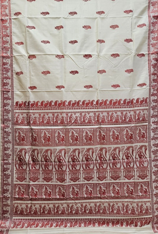 Beige & Red Handloom Pure Katan Silk Baluchuri Saree Balaram Saha