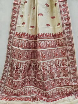 Beige & Red Handloom Pure Katan Silk Baluchuri Saree Balaram Saha