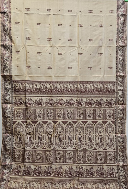 Beige & Brown Handloom Pure Katan Silk Baluchuri Saree Balaram Saha