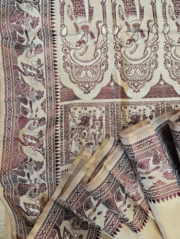 Beige & Brown Handloom Pure Katan Silk Baluchuri Saree Balaram Saha