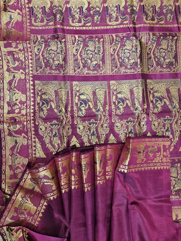 Magenta & Beige Handloom Pure Katan Silk Baluchuri Saree Balaram Saha