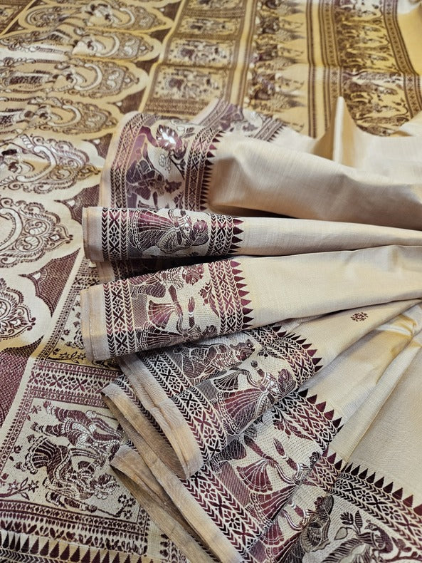 Beige & Brown Handloom Pure Katan Silk Baluchuri Saree Balaram Saha