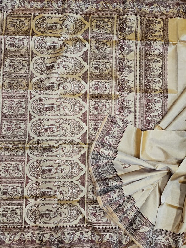 Beige & Brown Handloom Pure Katan Silk Baluchuri Saree Balaram Saha