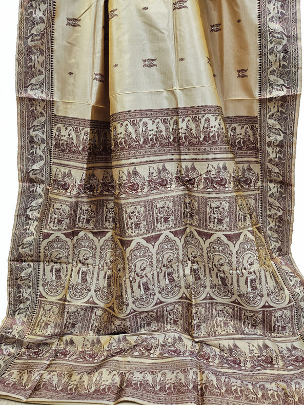 Beige & Brown Handloom Pure Katan Silk Baluchuri Saree Balaram Saha