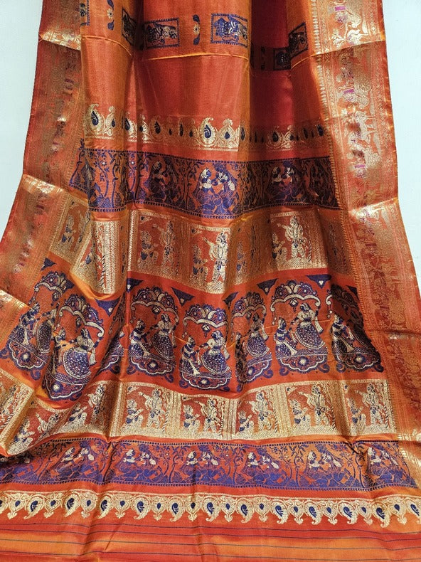 Brick Red  Handloom Pure Katan Silk Baluchuri Saree Balaram Saha